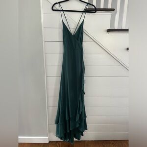 NWT Lulu's Dress In Love Forever Emerald Green Lace-Up High-Low Maxi (M)